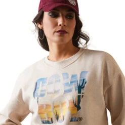 'Ariat' Women's Cowboy Crew Sweater - Oatmeal Heather -Best Sportswear Store S23 WMS WEST 10043660 detail01 1024x1024@2x